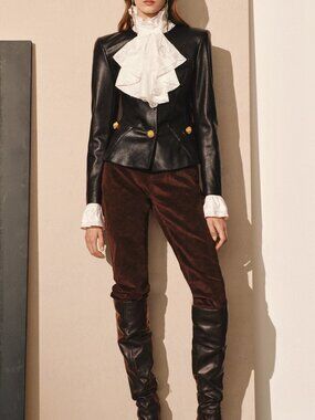 Black Elegant Women's Waist-Cinched Round Neck Faux Leather Jacket